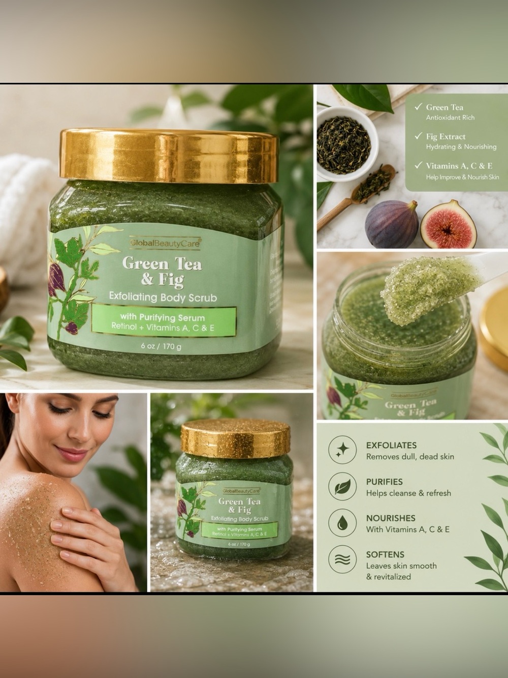 Global Beauty Care Green Tea & Fig Exfoliating Body Scrub with Purifying Serum